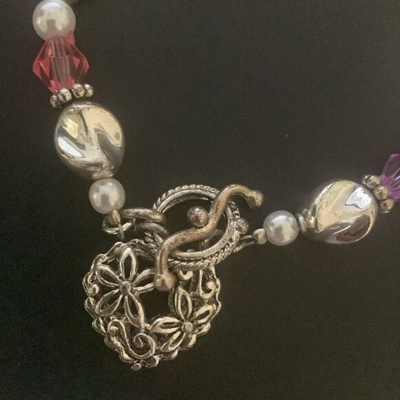 Beautiful Heart Charm and Beaded Silver tone Bracelet SET of 2, Unmarked - Picture 1 of 4